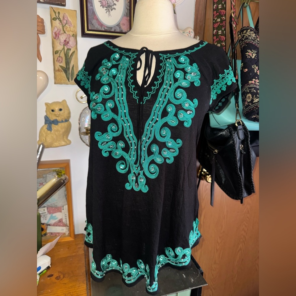 Black Women's Embroidered and beaded Split-Neck Top with Teal Accents
